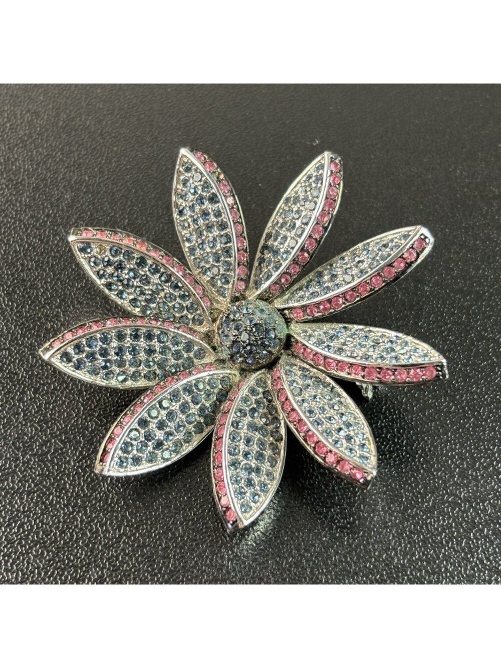 Vintage Flower Brooch Pin Rhinestone Petals Pink Blue 2" Jewelry